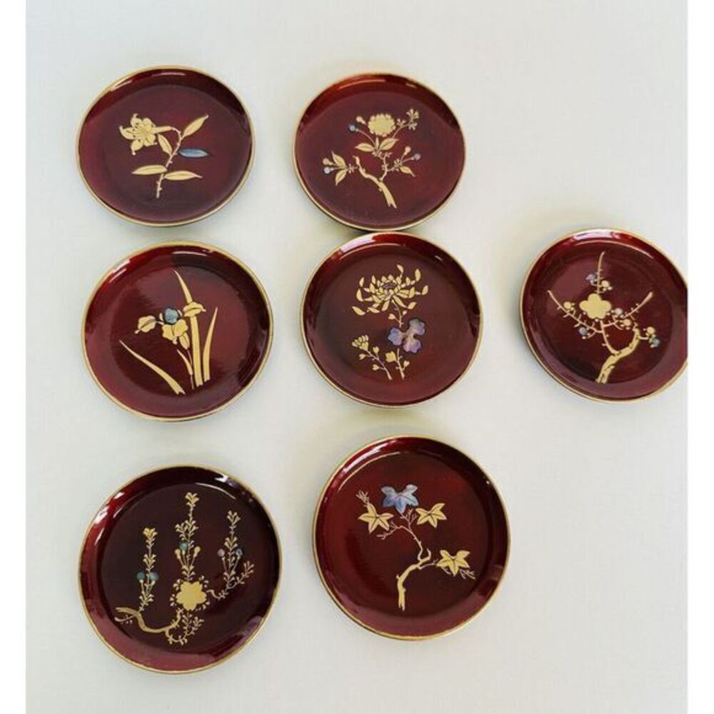 VTG‎ Japanese Lacquerware Coasters Plates W/Mother Of Pearl Or Albacore Inlay?